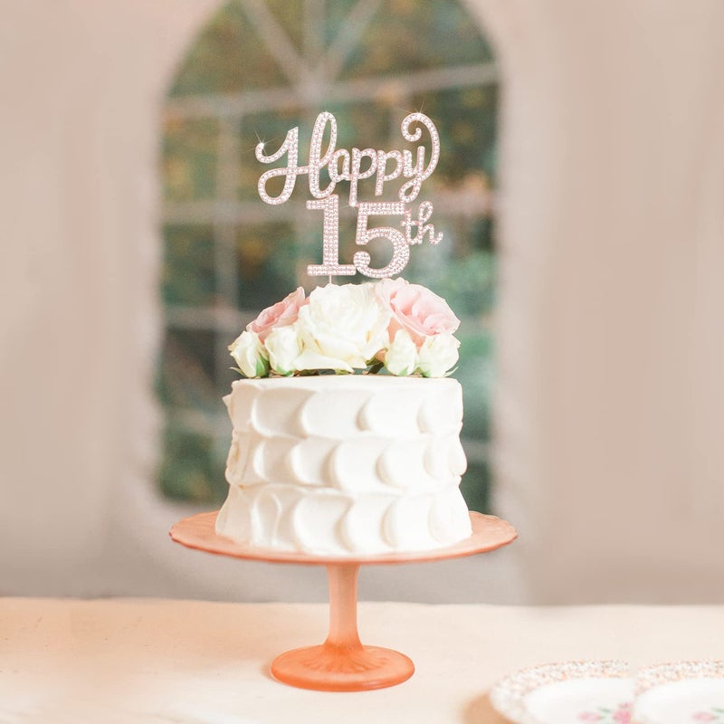 LASKYER Happy 15th Birthday Rose Gold Rhinestone Cake Topper - 15th Birthday/Anniversary,Cheers to Fifteen Years Old Bday Party Metal Sparkly Centerpieces Decorations. - Image 2